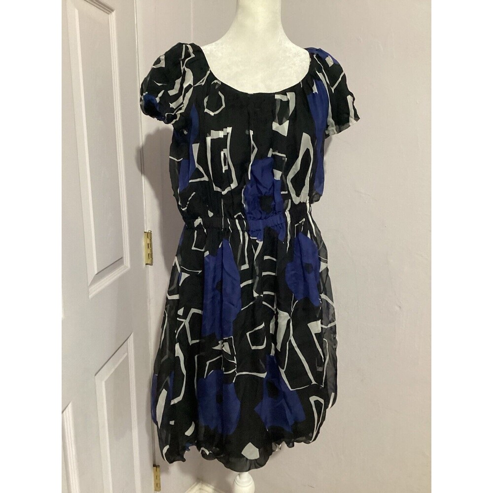 Theory Blue Black Silk Bubble Skirt Career Cocktail Mini Dress Short Sleeve S